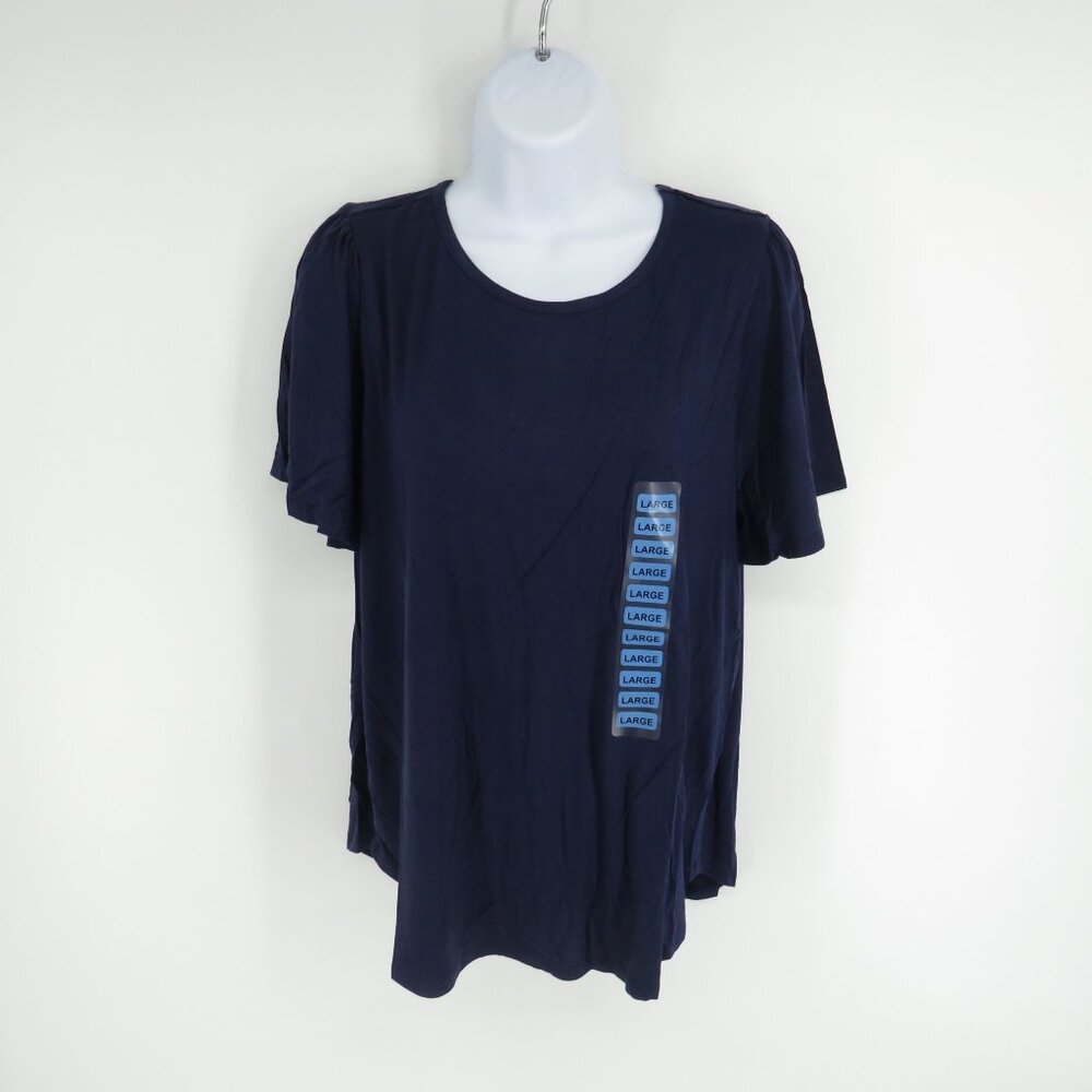 Nine West Womens Flutter Sleeve Top Large Navy Soft Casual Tee NWT $49.50